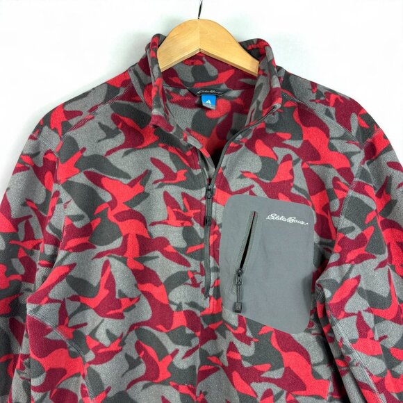 Eddie Bauer Jacket Men's Size Large Geese Camo Pullover Fleece Red Gray 1/2 Zip - Picture 3 of 10
